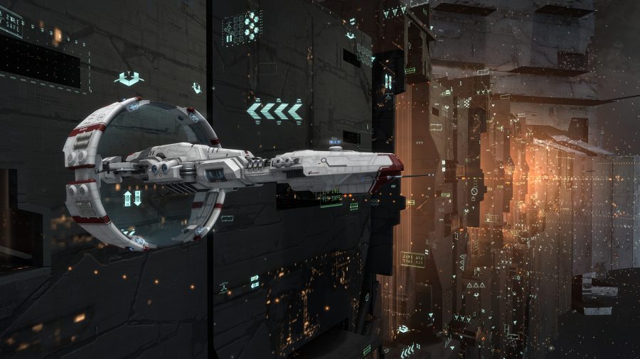 A ship leaving a spaceport in Eve Online 