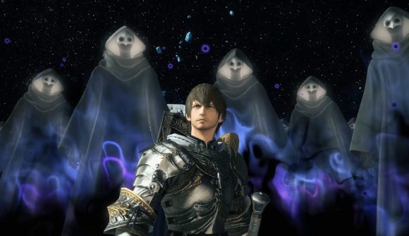 The Warrior of Light surrounded by Ascians in FFXIV: Endwalker