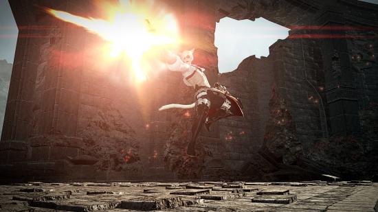 FFXIV's Machinist jumps into the air and fires his pistol to show off the Heavensward expansion
