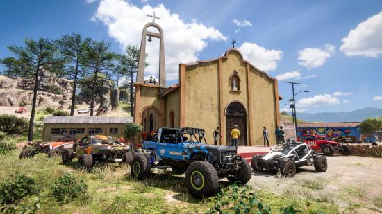 A screenshot of Forza Horizon 5, featuring a collection of cars parked outside of a church in Mexico
