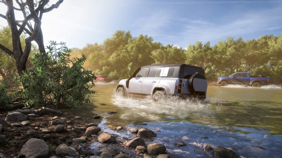 A screenshot from Forza Horizon 5, featuring a car wading through a river