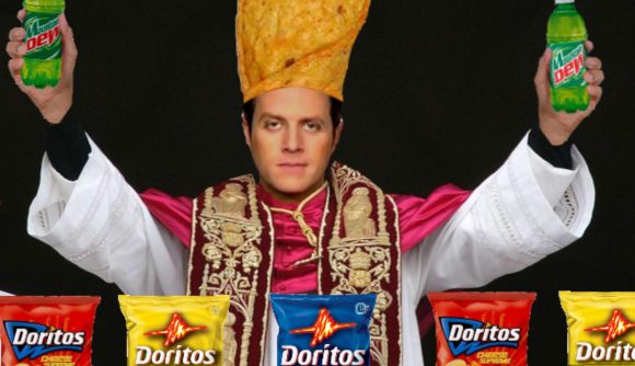 Game Awards host Geoff Keighley in a Dorito Pope meme