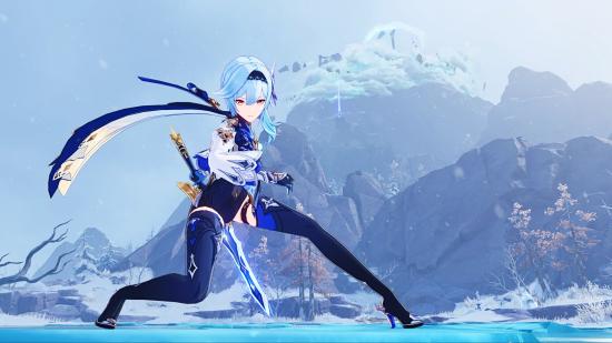 Genshin Impact's Eula poses in front of an icy mountain