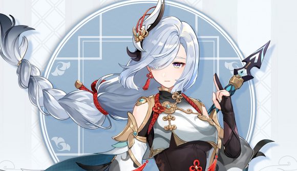 Genshin Impact Shenhe, a woman with silvery hair tied back with a red ribbon, holding a polearm