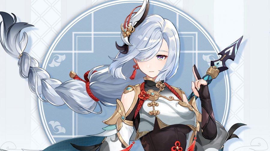 Genshin Impact Shenhe, woman with silvery hair tied back with a red ribbon, holding a polearm