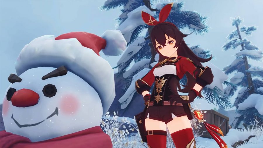 A Genshin Impact character standing next to a snowman with a santa hat