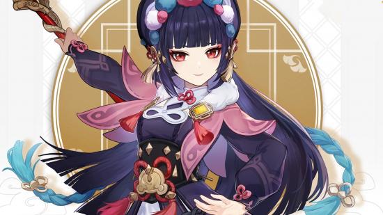 Genshin Impact Yun Jin, a Geo Polearm user with a purple robe and pom-poms in her hair
