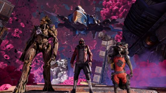 Groot, Star Lord, and Rocket prepare for a mission in Guardians of the Galaxy.