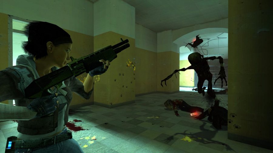 Alyx shooting a Vortigaunt with a shotgun in Half-Life 2 Episode 2