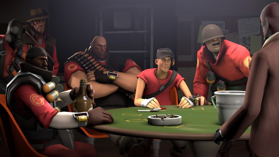 Artwork from Team Fortress 2 showing various red team embers playing a game of cards around table