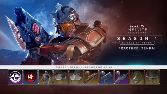 A list of some of the rewards on Halo Infinite's Fracture: Tenrai event pass