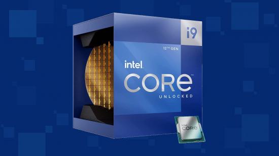 A render of the Intel Core i9-12900K's retail packaging, with a processor laying by its side, against a blue background