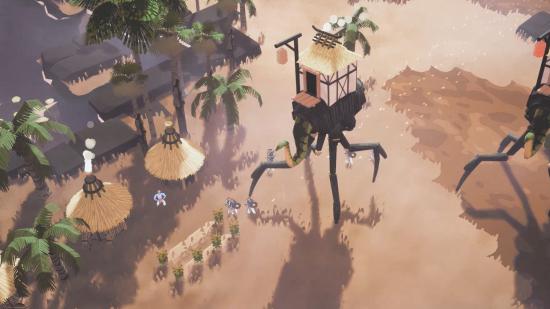 Villagers near a long-legged creature with a building on its back in Kainga: Seeds of Civilization