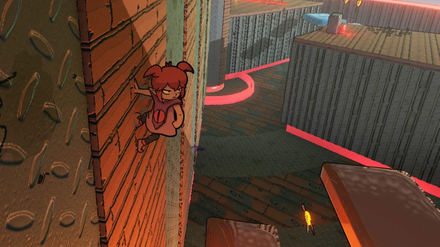 Beebz hanging onto a wall at night time in Demon Turf