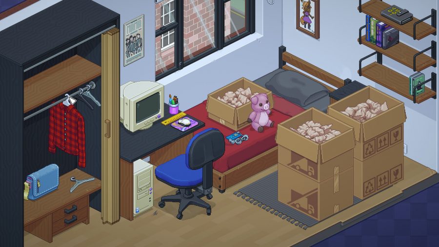 A pixel art depiction of a bedroom, featuring a red bed with a pink pig on top in Unpacking