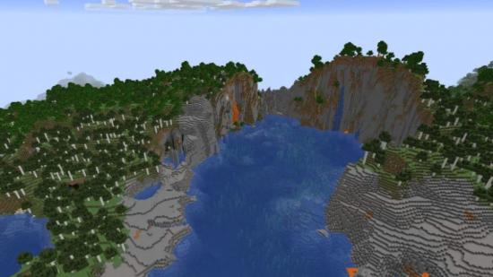 A lake amid forested cliffs in Minecraft