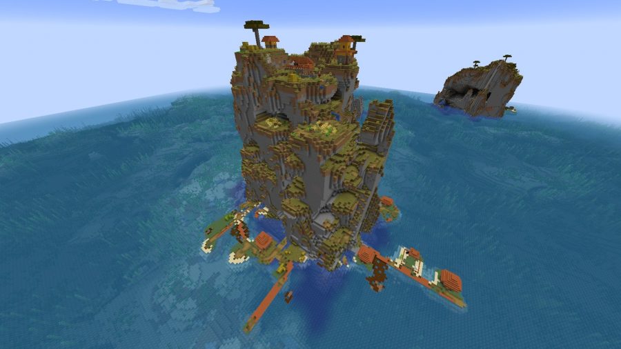 Best Minecraft seeds: a Minecraft 1.18 village built into a tall rocky island