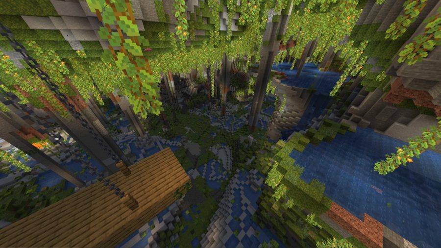 Best Minecraft seeds: a Minecraft lush cave seed with pools of water and a mineshaft