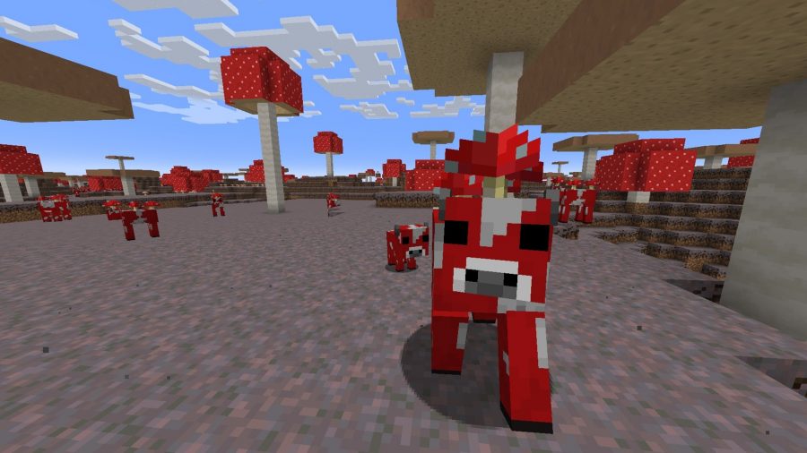 Best Minecraft seeds: a red and white cow with a mushroom on its head walks over a mushroom field in Minecraft