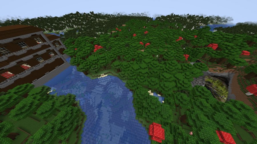 Best Minecraft seeds: a woodland mansion on the banks of a river in Minecraft, opposite a lush cave
