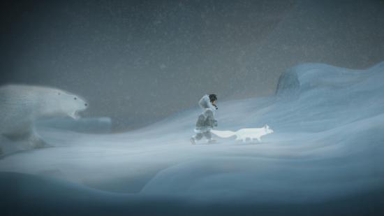 A boy and his wolf walk across the snow in Never Alone