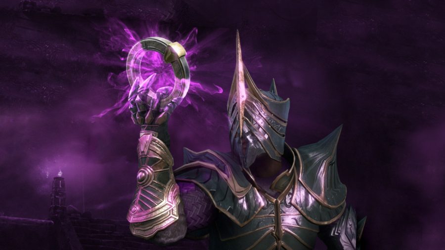 A Void Gauntlet user in elegant armour summons Void energy in a dungeon filled with purple mist