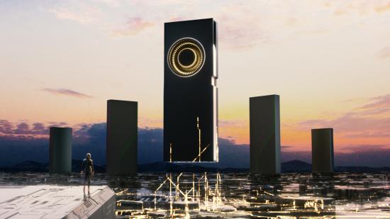 A 3D rendering of Nvidia GPU products towering over a CGI human