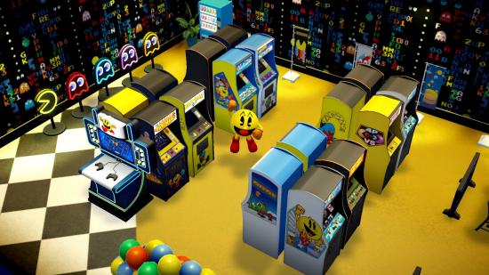 Pac-Man hangs out inside a virtual Pac-Man arcade in Pac-Man Museum+