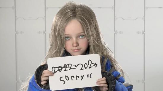 The little girl from Capcom's Pragmata holds a sign announcing (and apologising for) the game's delay to 2023