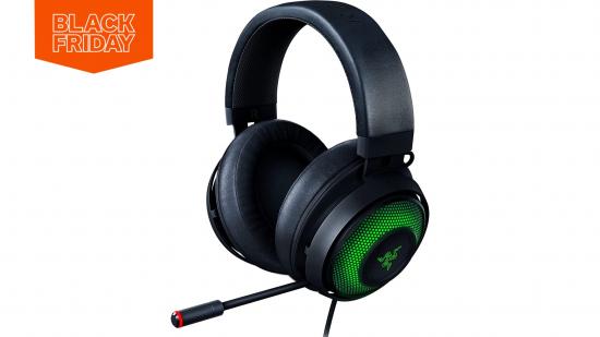 A Razer Kraken Ultimate gaming headset on a white background. There is a red Black Friday flag at the top left of the frame.