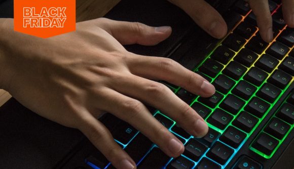Someone typing on a Razer Ornata Chroma Gaming Keyboard. To the top left of the frame, there's a Black Friday flag.