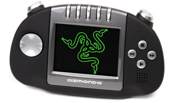Gizmondo console with Razer logo on white backdrop