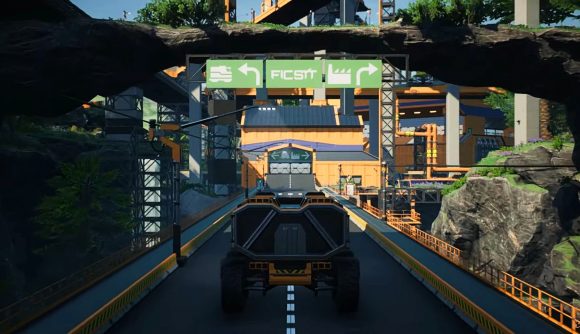 A wheeled transport vehicle passes underneath new traffic signs available in Satisfactory's Update 5.