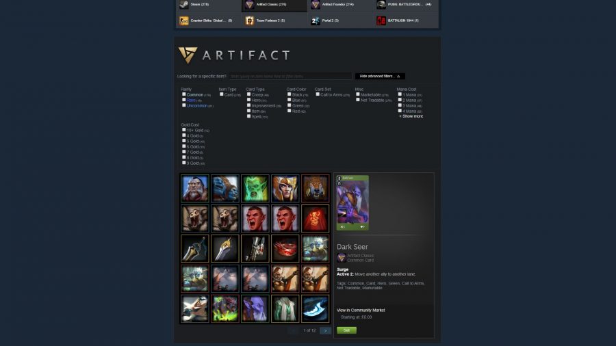 Steam Marketplace value of Artifact cards in late 2021