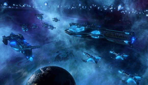 A fleet of aquatic ships seen in Stellaris' upcoming species pack.