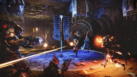 Guardians battle near a banner in Destiny 2's Trials of Osiris.
