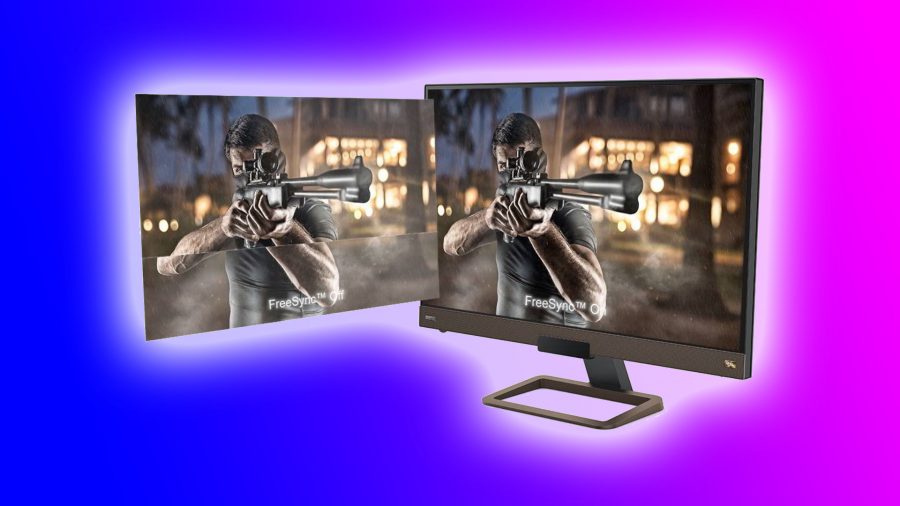 AMD FreeSync: Two monitors on blue and purple backdrop