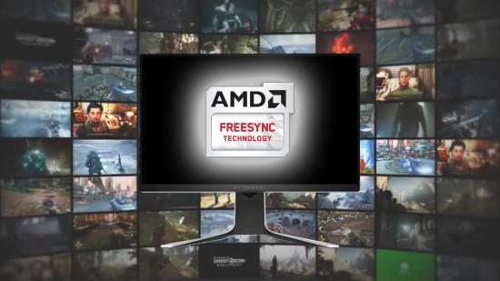 AMD FReeSync: Alienware monitor with AMD logo on screen and game tiles in backdrop