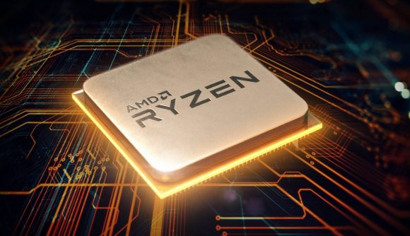 Ryzen CPU on orange and black backdrop with golden glow