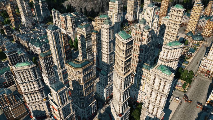 A shot of some very tall buildings from Anno 1800's High Life DLC