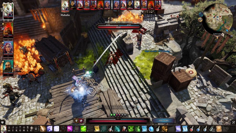 Une bataille s'ensuit dans une ville en feu dans Divinity Original Sin 2 - l'un des meilleurs jeux fantastiques.