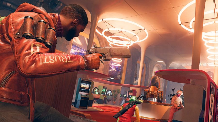 Deathloop's Cole sneaking through arcade area with handgun