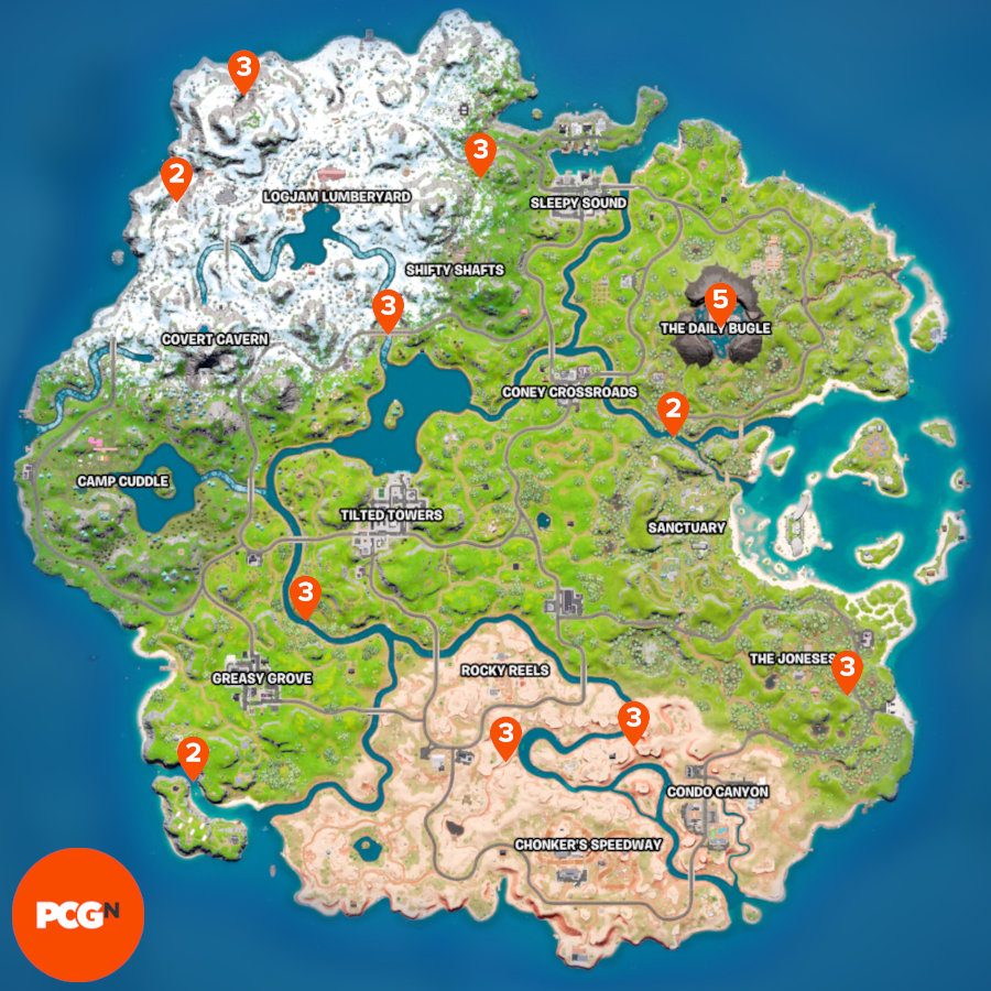 Orange pins showing all of the Spider-Man web-shooter locations in Fortnite and how many are in each area.