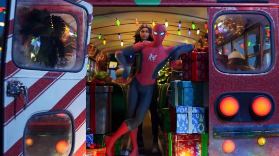 Spider-Man is standing precariously by an open door of a moving bus filled with Winterfest presents in Fortnite. Mary Jane is behind him.