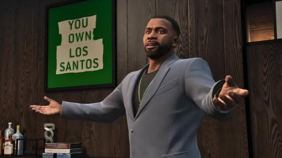 Franklion is greeting a friend while standing in his office in GTA Online The Contract