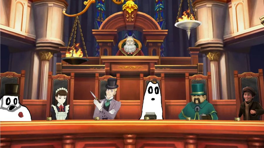 Tiny Tim and the Ghosts of Christmas Past and Present assis dans les gradins de notre spin-off de Noël Ace Attorney
