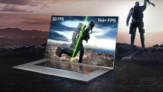 Promotional photo of laptop with Nvidia graphics with battlefield backdrop