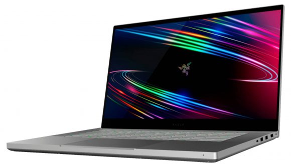 Razer Blade 15 Base laptop at angle on white backdrop