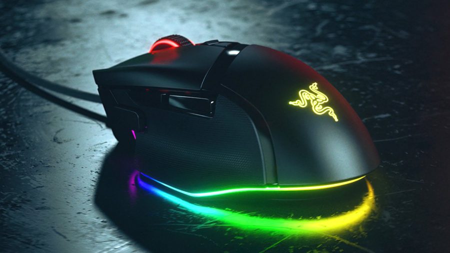 Razer's Basilisk V3 gaming mouse as seen from the rear, sporting an RGB snakehead logo and bottom-facing lights