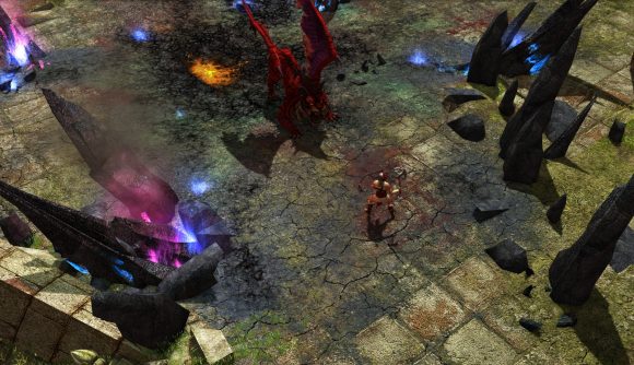 A red, winged tiger menaces a player in Titan Quest: Eternal Embers.
